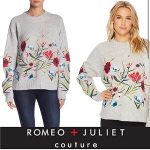 Romeo & Juliet Couture Gray Sweater with Floral Embroidery